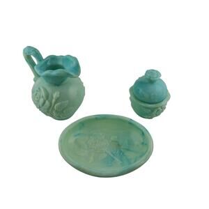 Vintage Avon Milk Glass Set of Green Moonwind Pitcher, a Soap Dish & Powder Jar